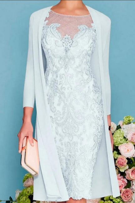 Abito da madre della sposa a due pezzi con guaina/colonna, lunghezza al ginocchio, chiffon e pizzo, manica tre quarti