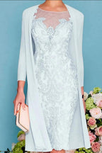 Abito da madre della sposa a due pezzi con guaina/colonna, lunghezza al ginocchio, chiffon e pizzo, manica tre quarti