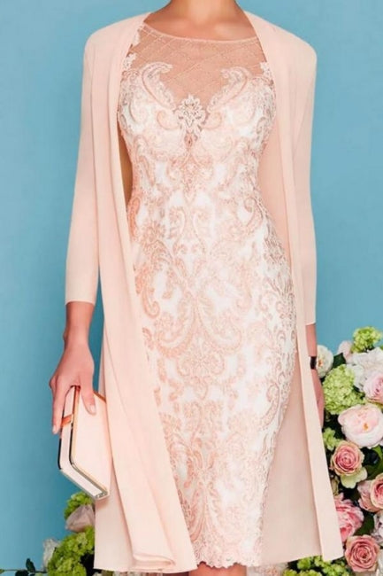 Abito da madre della sposa a due pezzi con guaina/colonna, lunghezza al ginocchio, chiffon e pizzo, manica tre quarti