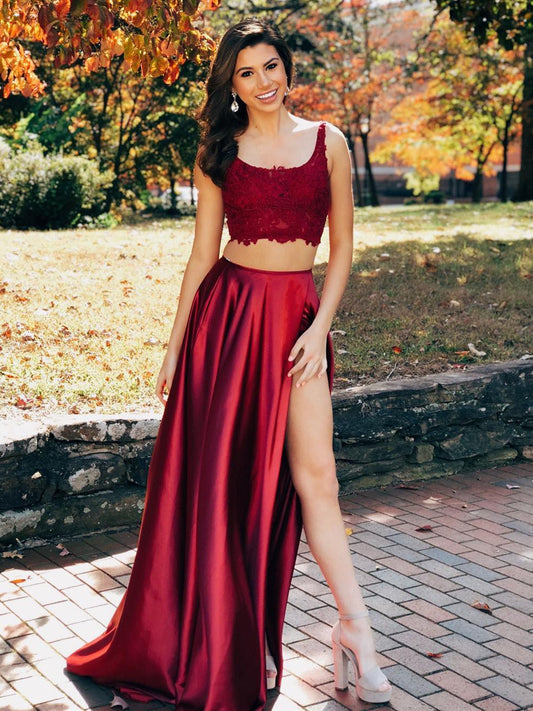 Zweiteiliges A-Linien-Ballkleid aus Spitze und Satin, lang, rückenfrei, mit Schlitz