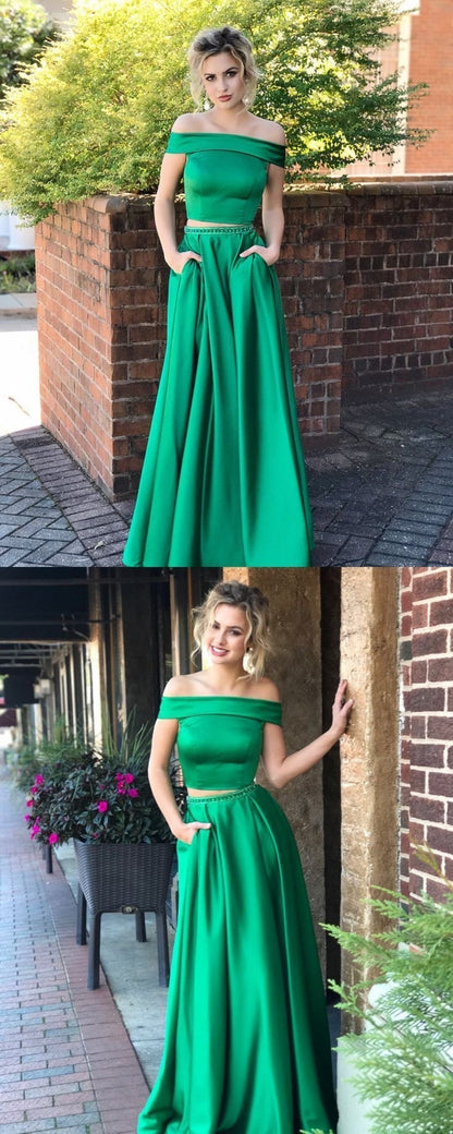 Two Pieces A-line Off the Shoulder Satin Long Prom Dresses with Pockets