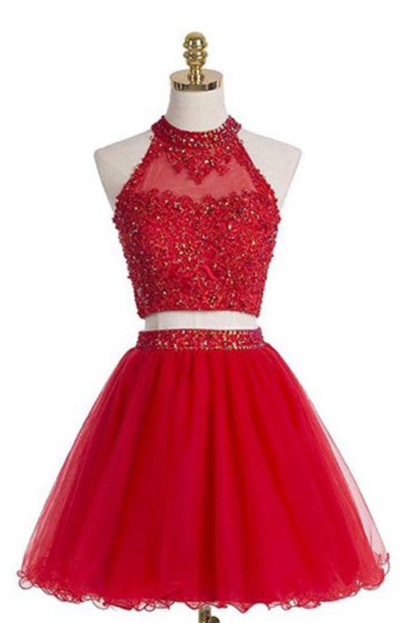 Two pieces Halter Red Sleeveless Homecoming Dress
