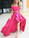Two Pieces High Low A-line Off The Shoulder Lace Satin Formal Prom Dresses