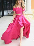 Two Pieces High Low A-line Off The Shoulder Lace Satin Formal Prom Dresses
