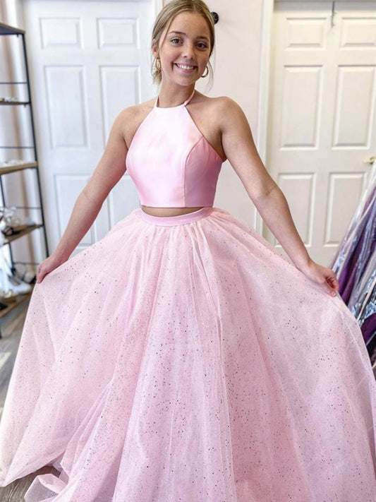 Zweiteiliges langes A-Linien-Neckholder-Satin-Tüll-rückenfreies formelles Ballkleid