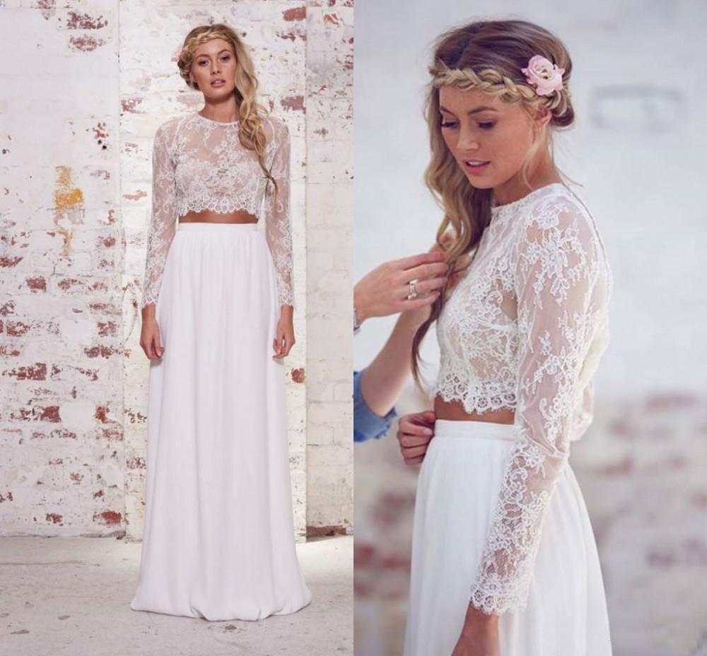 Two Pieces Long Sleeves Lace White Beach Wedding Bridal Dresses
