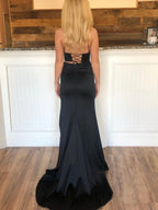 Two Pieces Mermaid V Neck Satin Black Long Prom Dresses with High Slit