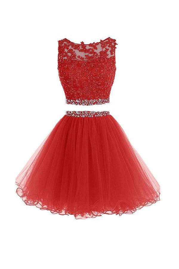 Two Pieces Prom Dresses Applique Short Homecoming Dresses