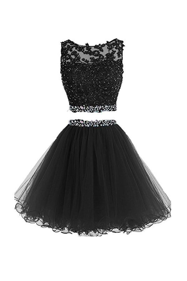 Two Pieces Prom Dresses Applique Short Homecoming Dresses