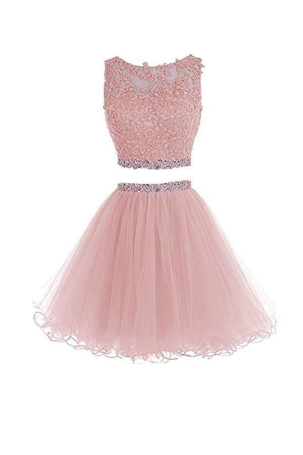 Two Pieces Prom Dresses Applique Short Homecoming Dresses