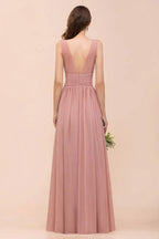 Vestido de Dama de Honra de Cintura Alta com Decote em U, Longo, de Chiffon, para Festa Formal