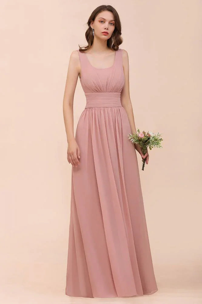 Vestido de Dama de Honra de Cintura Alta com Decote em U, Longo, de Chiffon, para Festa Formal