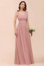 Vestido de Dama de Honra de Cintura Alta com Decote em U, Longo, de Chiffon, para Festa Formal