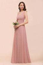 Vestido de Dama de Honra de Cintura Alta com Decote em U, Longo, de Chiffon, para Festa Formal