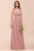 Vestido de Dama de Honra de Cintura Alta com Decote em U, Longo, de Chiffon, para Festa Formal