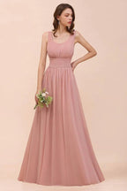 Vestido de Dama de Honra de Cintura Alta com Decote em U, Longo, de Chiffon, para Festa Formal