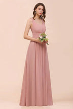 Vestido de Dama de Honra de Cintura Alta com Decote em U, Longo, de Chiffon, para Festa Formal