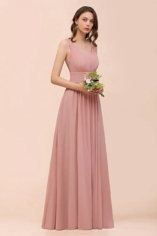Vestido de Dama de Honra de Cintura Alta com Decote em U, Longo, de Chiffon, para Festa Formal