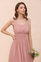 Vestido de Dama de Honra de Cintura Alta com Decote em U, Longo, de Chiffon, para Festa Formal