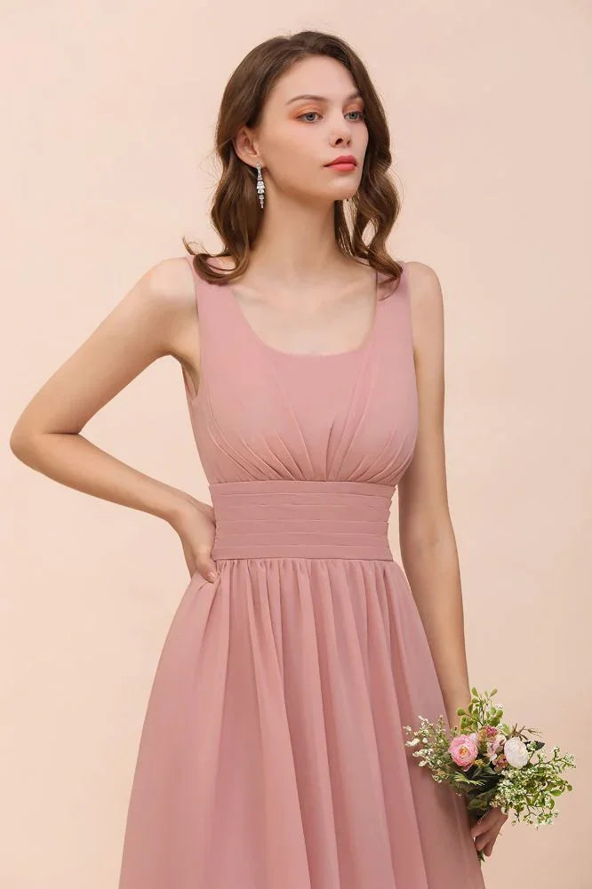 Vestido de Dama de Honra de Cintura Alta com Decote em U, Longo, de Chiffon, para Festa Formal