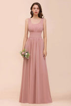 Vestido de Dama de Honra de Cintura Alta com Decote em U, Longo, de Chiffon, para Festa Formal