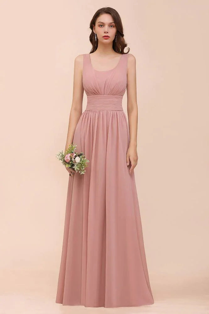 Vestido de Dama de Honra de Cintura Alta com Decote em U, Longo, de Chiffon, para Festa Formal