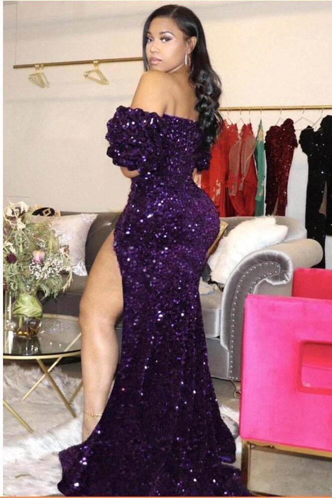 Abito da sera unico nero con scollo a V, spalle scoperte, paillettes, colonna asimmetrica