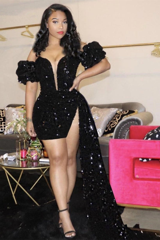 Vestidos de fiesta negros únicos con escote en V, hombros descubiertos, lentejuelas y corte asimétrico.
