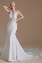 Unique Halter Sleeveless Mermaid Floor-Length Satin Wedding Dresses with Pattern