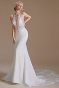 Unique Halter Sleeveless Mermaid Floor-Length Satin Wedding Dresses with Pattern