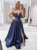 Unique Long A-line V Neck Satin Graduation Prom Formal Dresses with Slit