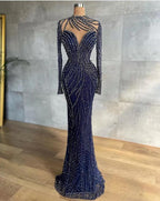 Vestido Único Longo de Sereia com Gola Alta em Tule para Baile de Finalistas com Mangas