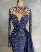 Vestido Único Longo de Sereia com Gola Alta em Tule para Baile de Finalistas com Mangas