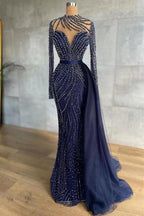 Vestido Único Longo de Sereia com Gola Alta em Tule para Baile de Finalistas com Mangas