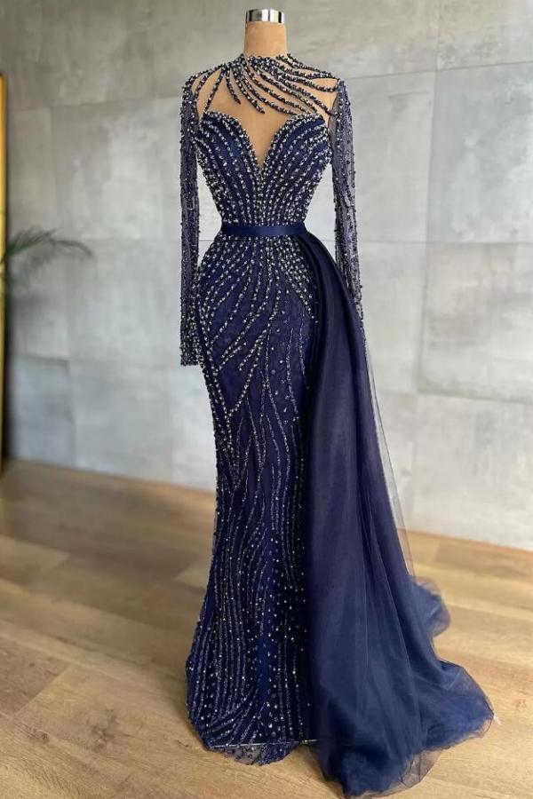 Vestido Único Longo de Sereia com Gola Alta em Tule para Baile de Finalistas com Mangas