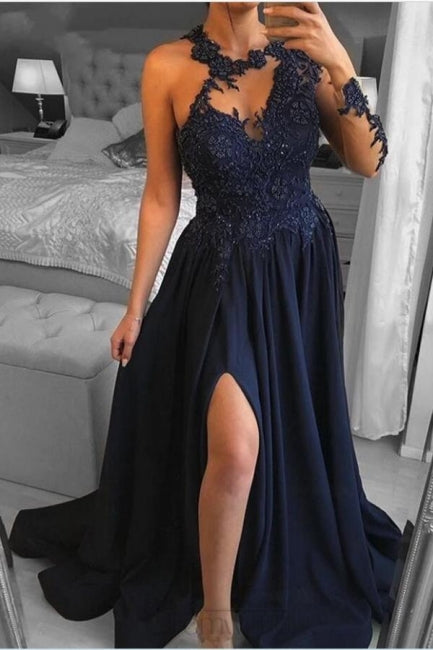 Vestidos de fiesta únicos de gasa con un solo hombro, manga larga, corte A, largo hasta el suelo y apliques