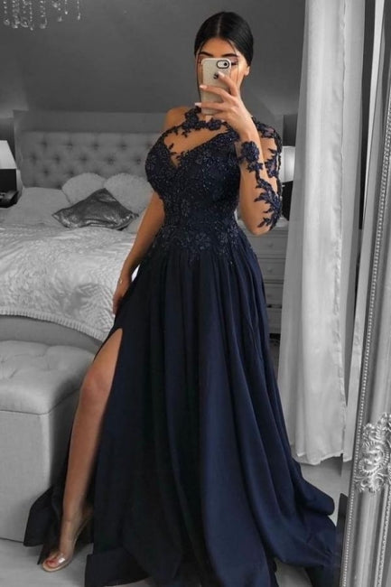 Vestidos de fiesta únicos de gasa con un solo hombro, manga larga, corte A, largo hasta el suelo y apliques