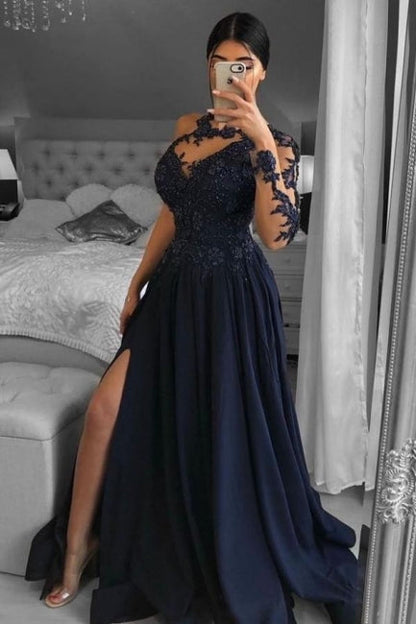 Vestidos de fiesta únicos de gasa con un solo hombro, manga larga, corte A, largo hasta el suelo y apliques
