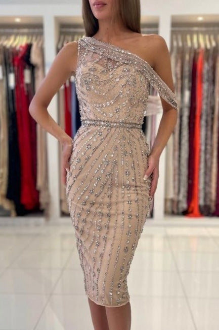 Vestidos de fiesta únicos de satén estilo sirena sin mangas con un solo hombro y cuentas