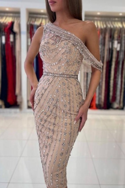Einzigartige One-Shoulder-Ärmellose Meerjungfrau-Ballkleider aus Satin mit Perlenbesatz