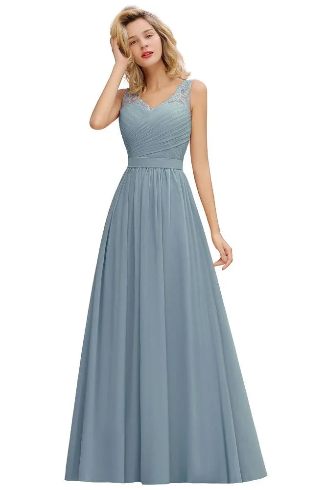 Abito da damigella con scollo a V, linea ad A, volant in chiffon, senza maniche, floreale, da sera, a campana