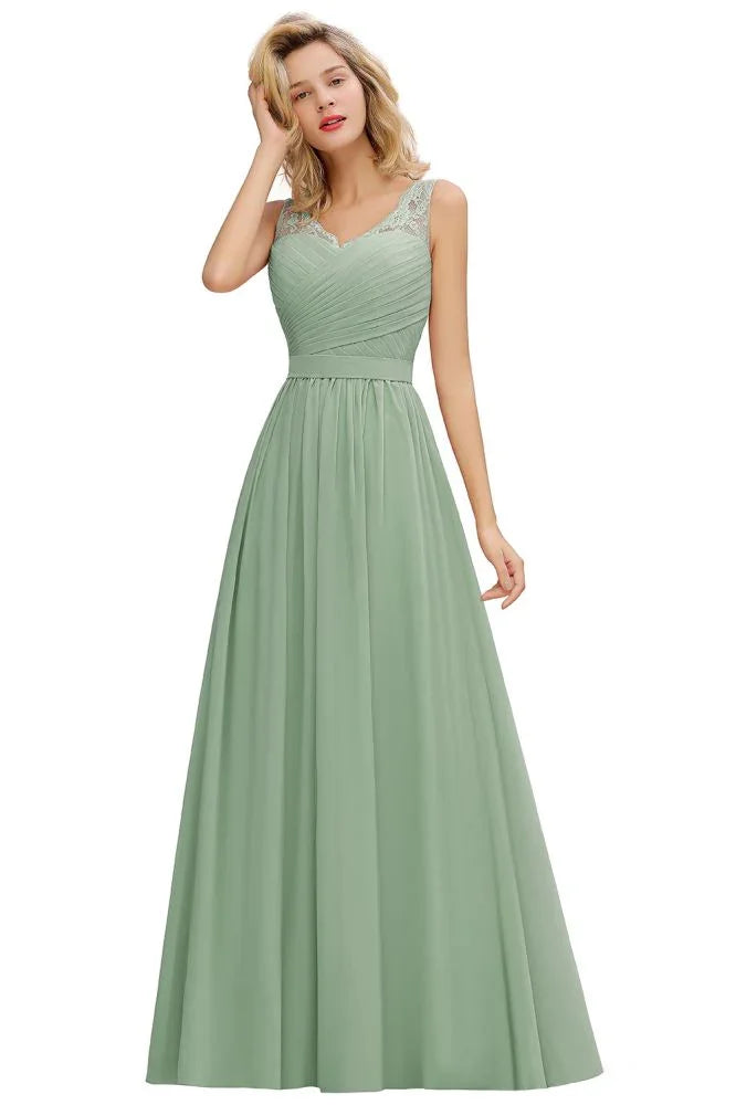 Abito da damigella con scollo a V, linea ad A, volant in chiffon, senza maniche, floreale, da sera, a campana