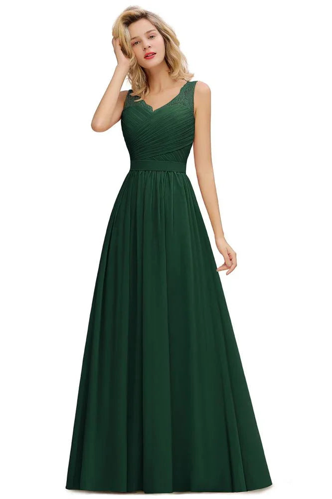 Abito da damigella con scollo a V, linea ad A, volant in chiffon, senza maniche, floreale, da sera, a campana