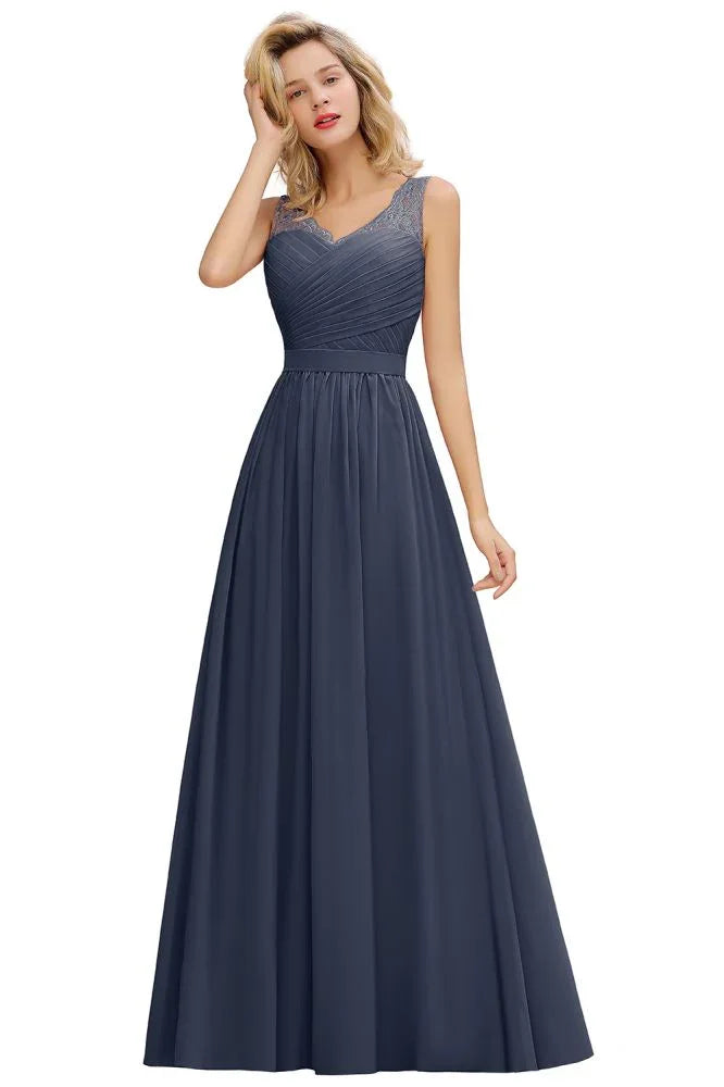 Abito da damigella con scollo a V, linea ad A, volant in chiffon, senza maniche, floreale, da sera, a campana
