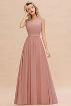 V-Neck Aline Ruffle Chiffon Bridesmaid Dress Sleeveless Floral Evening Swing Dress