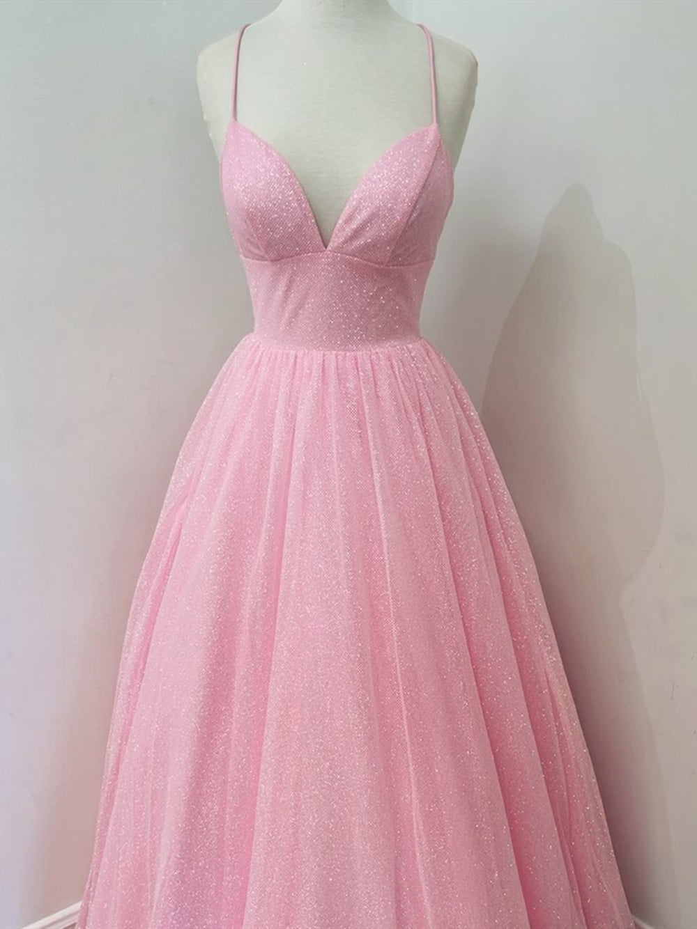 V Neck Backless Pink Long Prom Dresses Backless Sparkly Pink Formal Graduation Dresses