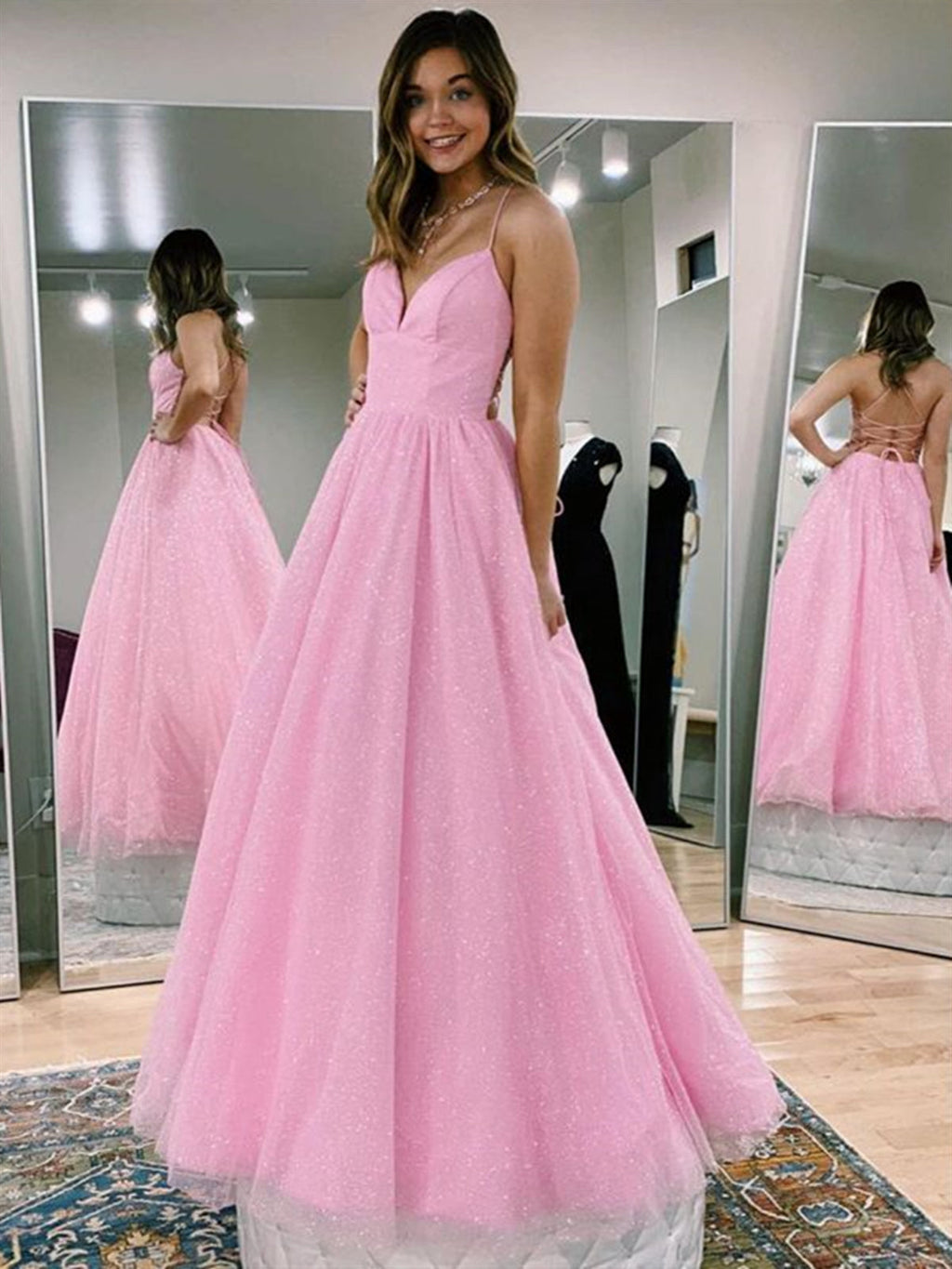 V Neck Backless Pink Long Prom Dresses Backless Sparkly Pink Formal Graduation Dresses