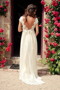 V-neck Cap Sleeves Sweep Train Backless Wedding Dress With Sash