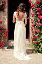 V-neck Cap Sleeves Sweep Train Backless Wedding Dress With Sash