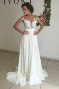 V-neck Cap Sleeves Sweep Train Ivory Wedding Dress with Appliques